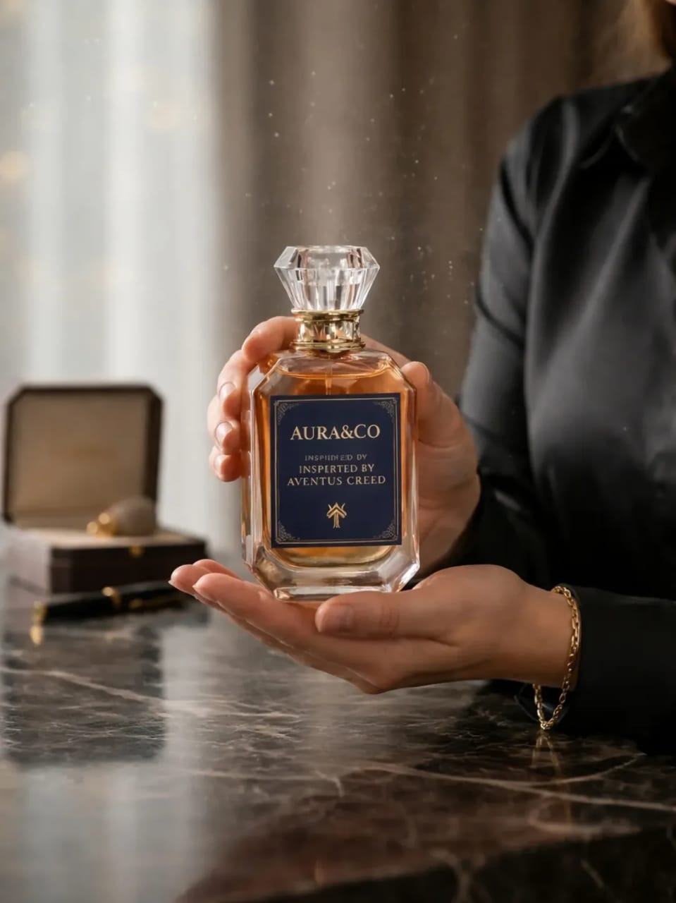 Person holding a bottle of Aura&Co perfume with a blurred background