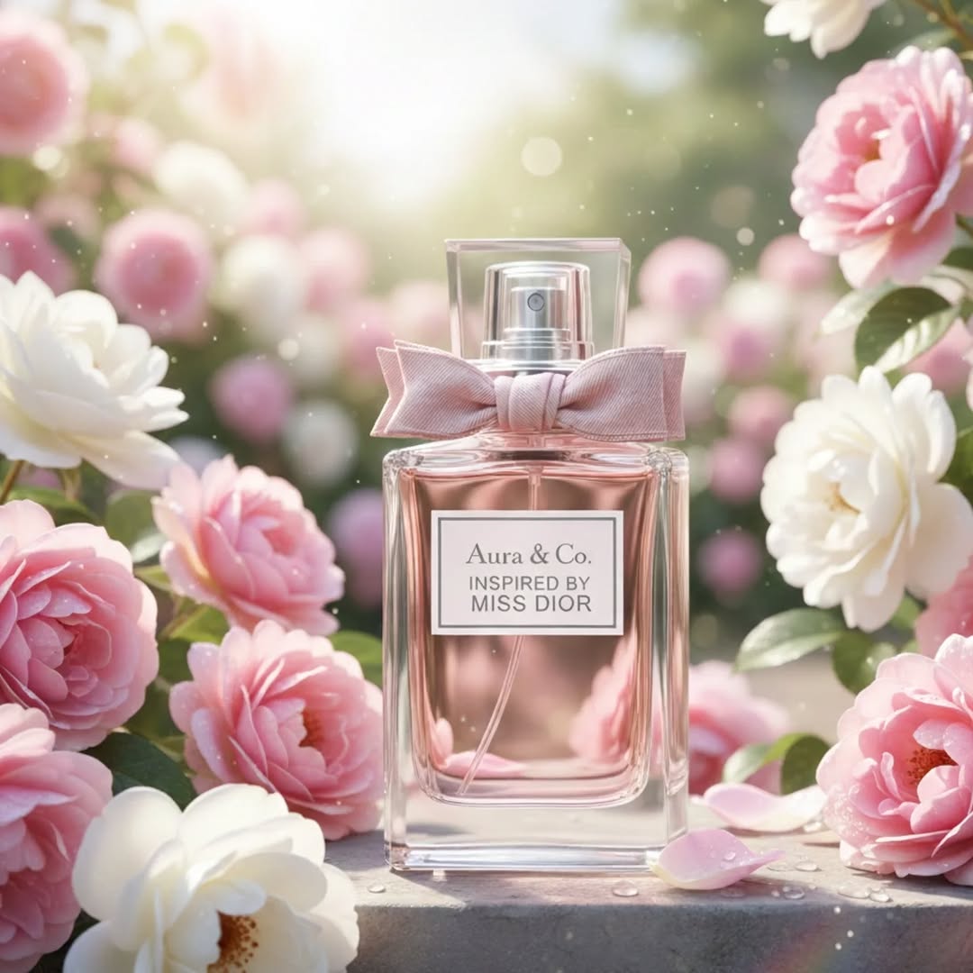 Perfume bottle labeled 'Aura & Co. Inspired by Miss Dior' surrounded by pink and white flowers.