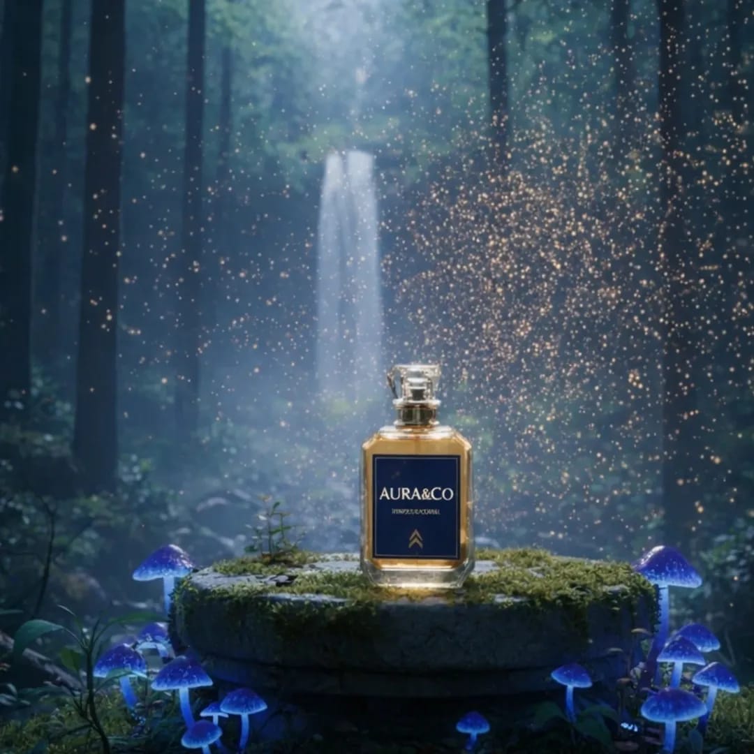 Aura & Co perfume bottle in a mystical forest with blue mushrooms and a waterfall.