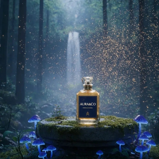 Aura & Co perfume bottle in a mystical forest with blue mushrooms and a waterfall.