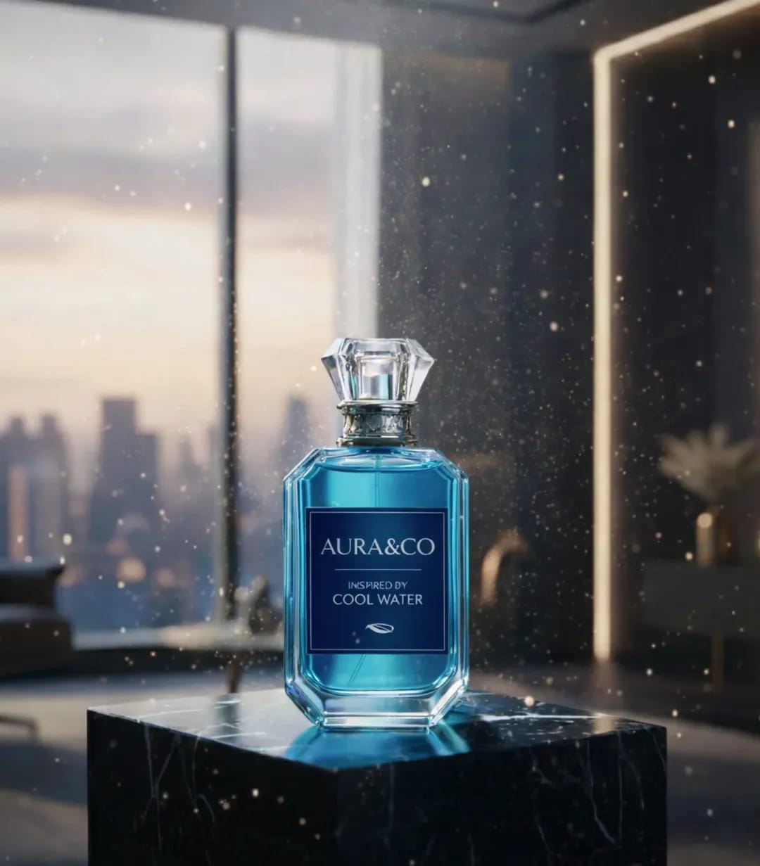 Blue perfume bottle labeled 'Aura&Co' on a reflective surface with a blurred cityscape background