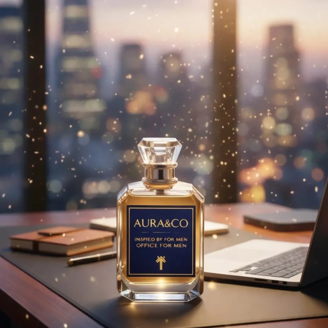 Aura&Co perfume bottle on a desk with a cityscape background