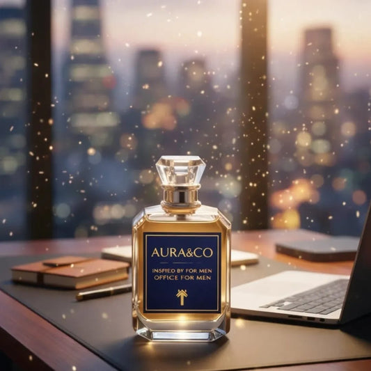 Aura&Co perfume bottle on a desk with a cityscape background