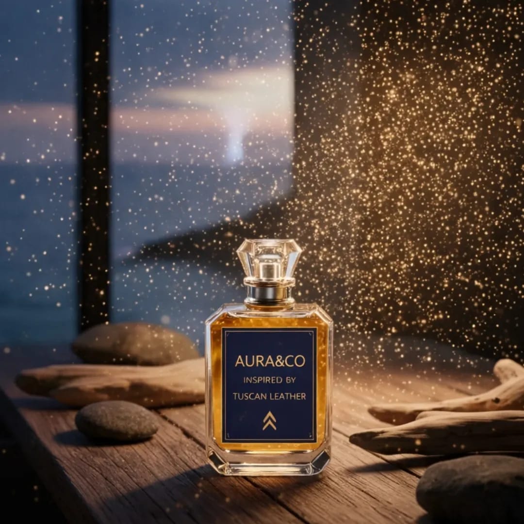Perfume bottle labeled 'Aura&Co' on a wooden surface with a starry night background