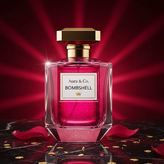 Pink perfume bottle labeled 'Bombshell' by Aura & Co. on a red background
