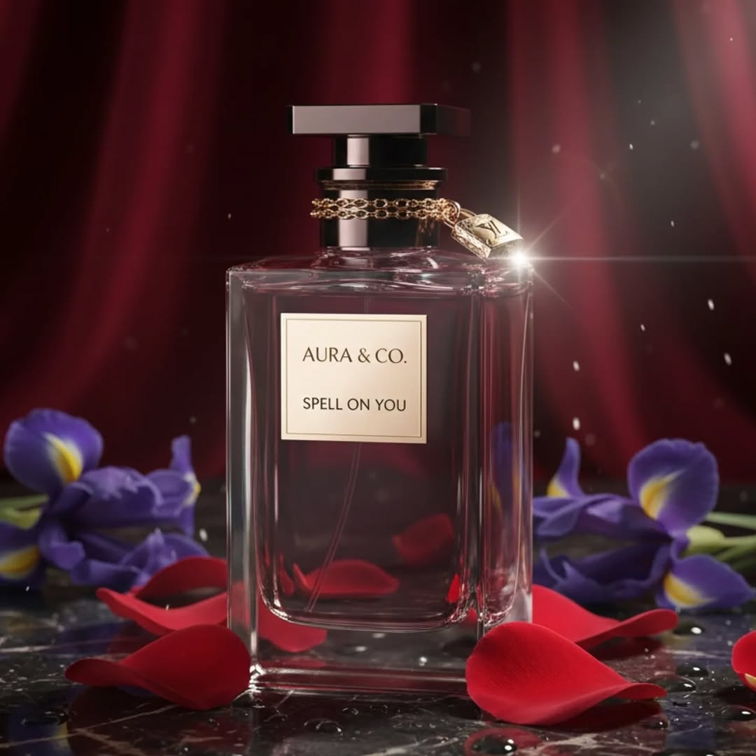 Aura & Co. perfume bottle with purple flowers and red petals on a dark background