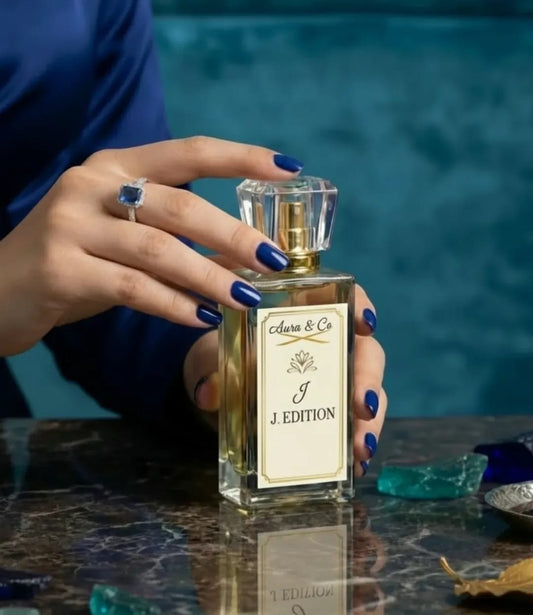 Perfume bottle labeled 'J Edition' held by a hand with blue nail polish against a blue background.