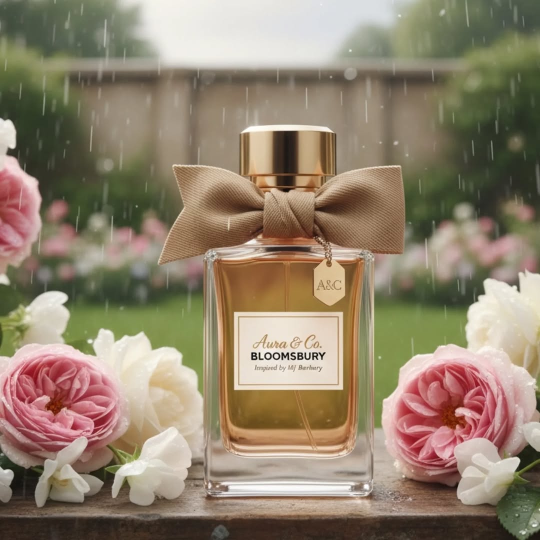 Perfume bottle with a gold cap and bow, surrounded by flowers in a garden setting