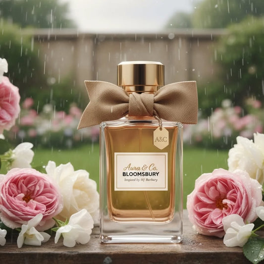 Perfume bottle with a gold cap and bow, surrounded by flowers in a garden setting