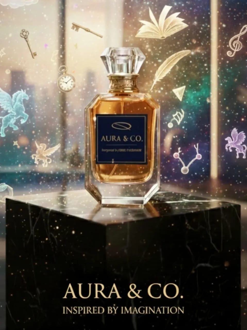 Aura & Co perfume bottle on a black platform with celestial designs in the background