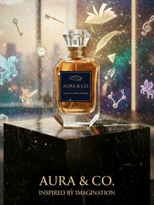 Aura & Co perfume bottle on a black platform with celestial designs in the background