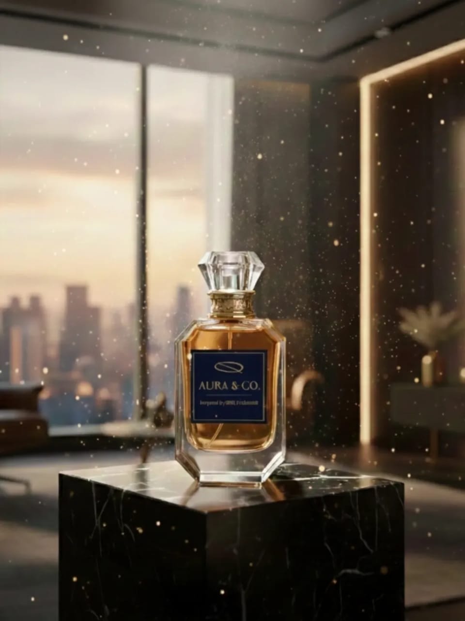 Perfume bottle on a black marble surface with a cityscape in the background