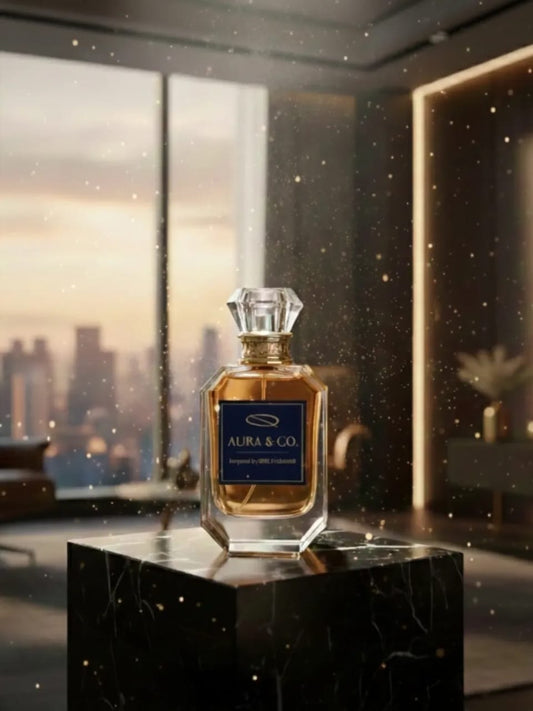 Perfume bottle on a black marble surface with a cityscape in the background